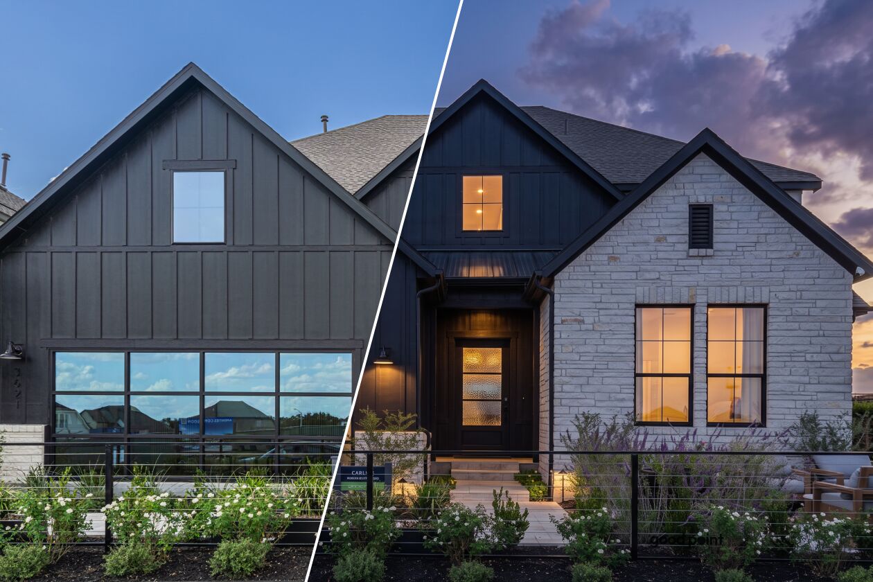 The same model home in Leander by day and at twilight, split diagonally
